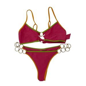 Beach Bunny Neon pink Orange and Green Bikini with Gold Metal Detail Size Medium